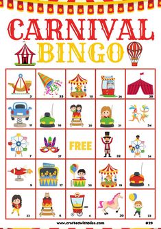 This file has Carnival Tokens, Carnival Calling Cards, Carnival Bingo Cards, and Carnival Instructions. We have prepared 30 Carnival BINGO CARDS!

REMINDER:
This is a DIGITAL download.
Not a physical item. Kindergarten Bingo, Bingo Birthday Party, Classroom Bingo, Carnival Classroom, School Carnival Games, Carnival Activities, Bingo Birthday, Carnival Birthday Invitations, Carnival Party Decorations