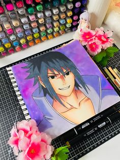 an anime character drawn in colored pencils next to some flowers