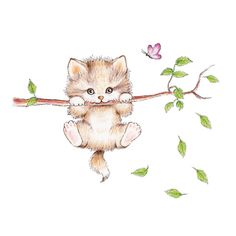 a drawing of a kitten hanging on to a branch with leaves and flowers around it