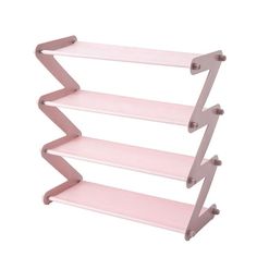 three tiered shelf with pink shelves on each side and two metal brackets at the top