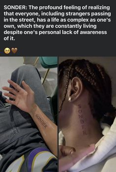 a woman with a tattoo on her neck and the caption reads, sonder the profound feeling of realizing that everyone is in the street, has a life as complex