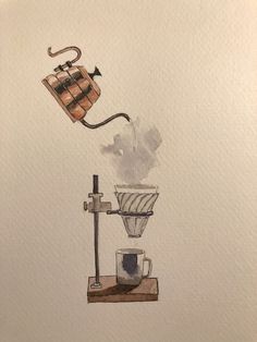 a drawing of a coffee maker with steam coming out of it's filterr