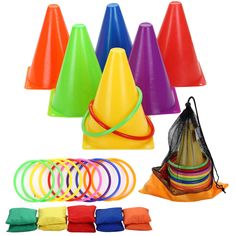 an assortment of colorful plastic cones, rings and other items to play with on the go