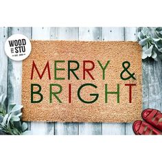 merry and bright door mat with red shoes