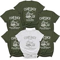 five shirts with the words camp bach printed on them, all in green and white