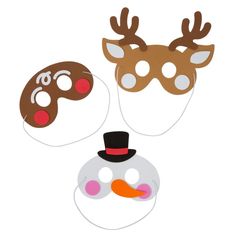 three masks with reindeer faces on them and one wearing a top hat, the other as a snowman