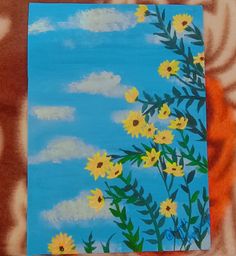 a painting of yellow flowers on a blue sky with white clouds in the back ground