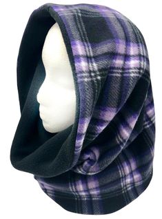 "Hooded scarf, Snood, Reversible Plush Fleece Scarf. Chunky Infinity Cowl Stay super warm this winter in a practical neck and headwear clothing accessory. This infinity scarf will stay on to provide comfort and warmth against cold winter chills. Black, Purple and White tartan pattern in warm fleece fabric is paired with solid Black Plush Fleece on the reverse side for comfort and to give you options for styling. Wear as a hooded scarf with the top folded back to give extra coverage over the ears