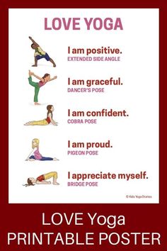 yoga poster with the words love yoga and pictures of people doing yoga poses in different positions