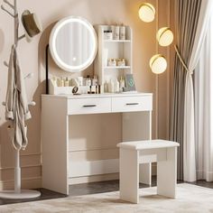 a white vanity with mirror, stool and lights in a living room next to a window