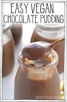 an easy vegan chocolate pudding in a jar with a spoon