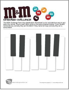 the keyboard challenge sheet for m & m's keyboard challenge is shown in black and white