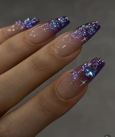 Nail Inspiration New Year, Glittery French Manicure, Jewel Tone Wedding Nails, Starfall Nails, Nail Designs Space, Cateye Ombre Nail, Bejeweled Taylor Swift Nails, Purple Nails With Silver Glitter, Cute Plain Nail Ideas