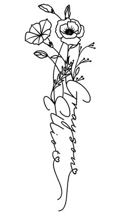 a black and white drawing of flowers in a vase with the word love on it