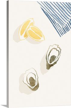 three oysters on a white background with blue and yellow striped napkin in the foreground