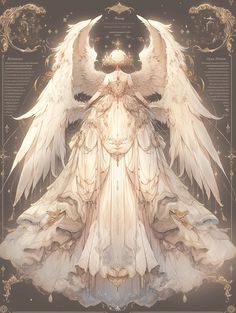 an angel with large white wings standing in front of a black and gold background,