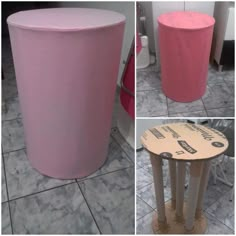 three pictures of different stools and tables in various stages of being painted with pink paint