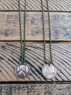 "Wheat Penny Necklace. Heads or Tails. These earrings are made with authentic wheat pennies, which were minted from 1909 to 1956. Chain choices 18\", 20\", 22\", or 24\" Antique bronze 2.0mm and 2.4mm ball chain or 2.2mm curb chain. The penny pendant diameter is .75 inches. I use Renaissance Wax on all pennies to create a soft sheen, protect, and minimize tarnish to the metal. Small polish cloth comes free with the purchase of a necklace.  Please remember that colors vary slightly between comput Adjustable Vintage Coin Necklace For Gifts, Antique Coin Necklace, Penny Jewelry, History Jewelry, Penny Necklace, Wheat Pennies, Us Penny, Bullet Jewelry, Antique Coins