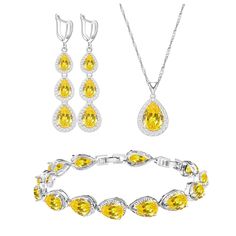 PRICES MAY VARY. ❤What You Get: ❤ 1 gift package includes 1 piece bracelet, 1 pair dangle earring and 1 piece of pendant necklace, 1 complete jewelry set for your matching needs, suitable for most women. ❤High Quality Material:❤ This Women's Jewellery Set is made of white gold plated ,Main stone is yellow teardrop cubic zirconia,Side stone is White cubic zirconia. High Polished. Nickel-free, Hypoallergenic and Shiny Forever. Will not change the color, health and environmental protection. ❤Adjust Blue Sapphire Jewelry Set, Black Stone Jewelry, Sapphire Jewelry Set, Blue Sapphire Jewelry, Wedding Party Gift, Women's Jewelry Sets, Gift Package, Necklace Long, Jewellery Set