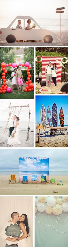 a collage of photos with people and surfboards in the background, along with an image of a man and woman holding each other