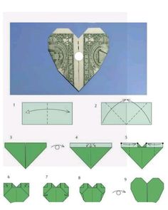 an origami heart is shown with instructions to make it