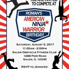 an american ninja birthday party with red, white and blue stripes on the back ground