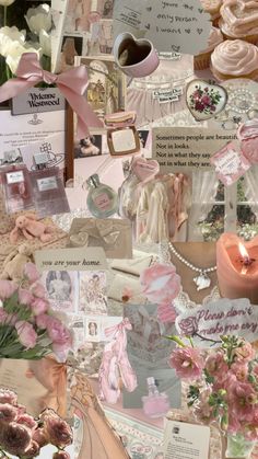 a collage of pink and white flowers, cards, and other items on display