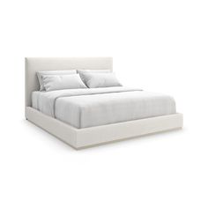 a bed with white linens and pillows on it's headboard, in front of a white background