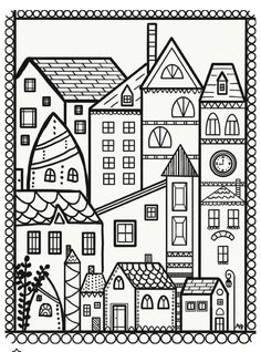 a black and white drawing of houses