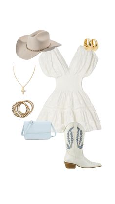 a white dress and cowboy boots with accessories