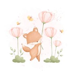 a little fox standing in front of some pink flowers