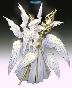 an angel with white wings holding a staff