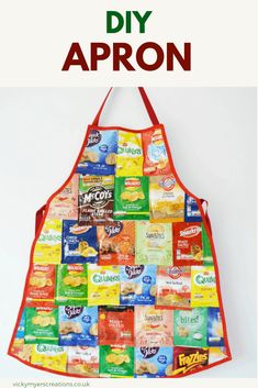 an apron made out of various types of food and the words crisp packet apron on it