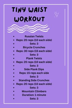 Get a tiny waist with this intense workout! Target your core with exercises like Russian Twists, Bicycle Crunches, Plank Twists, Side Plank Dips, Standing Side Crunches, and Mountain Climbers. Perfect for burning fat and toning your waistline. #TinyWaistWorkout #CoreExercises #AbWorkout #FitnessGoals #WorkoutRoutine #FlatStomach #CoreStrength #HomeWorkout #FitnessMotivation #HealthAndFitness #AbChallenge #WorkoutInspiration #FitnessJourney #BurnCalories #ToneUp #SixPackAbs #FitnessCommunity #FitLife #GymRoutine #ExerciseDaily #GetFit #HealthyLifestyle #AbTraining #WorkoutGoals #StrengthTraining #WaistTraining Crunches Alternative, No Crunches Ab Workout, Workouts For Tiny Waistline, No Crunch Core Workout, Exercise For Tiny Waistline, Russian Twist Exercise, Side Plank Dips, Crunch Alternative Core Exercises, Side Crunches