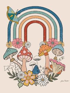 an image of mushrooms and rainbows with flowers