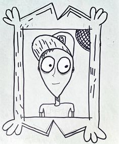 a black and white drawing of a person with a hat in front of a frame