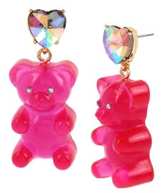 From Betsey Johnson, these earrings feature: Gold tone hardware detailMetal/ glass/ plasticPost backApprox. 2" length; 0.7" width; 0.25" depth Imported. Gummy Bear Earrings, Mini Pony, Betsey Johnson Earrings, Bear Earrings, Popular Handbags, Gummy Bear, Betsey Johnson Jewelry, Betsy Johnson, Floral Jewellery