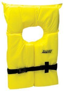 a yellow life jacket with black straps