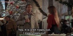 a man standing next to a woman in front of a christmas tree with the words yes, it is a bit nipply out i mean nippy out