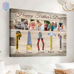 a family photo hanging on a wall with the words happy father's day in it