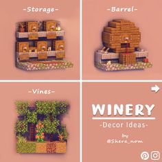 four different types of wine crates with the words winery and decor ideas above them, on pink background