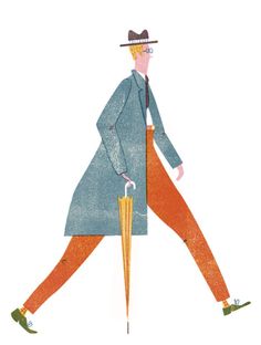 a drawing of a man walking with an umbrella in his hand and wearing a hat