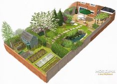 an illustration of a vegetable garden in the shape of a house, with lots of trees and shrubs