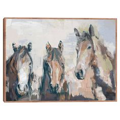 three horses are standing close together in this painting