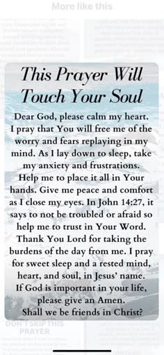 a prayer card with the words, this prayer will touch your soul