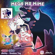 the poster for mega mr mime shows two different characters in front of a colorful background