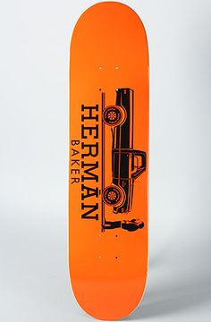 an orange skateboard with a black car on the front and bottom part that says herman baen