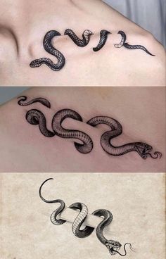 three different types of snake tattoos on the chest and shoulder, all in different colors