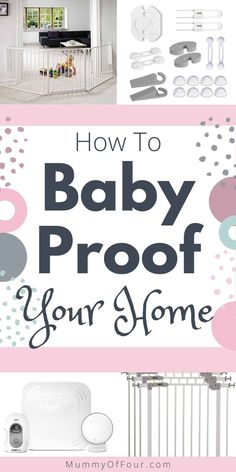 a baby crib with the words how to baby proof your home in pink and white