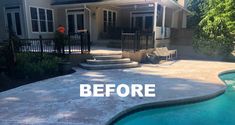 before and after photos of a concrete pool deck with steps leading up to the house